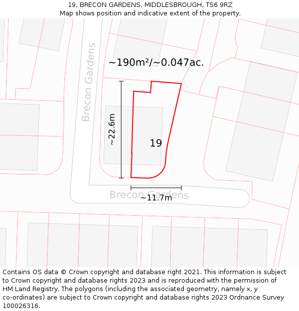19, BRECON GARDENS, MIDDLESBROUGH, TS6 9RZ: Plot and title map
