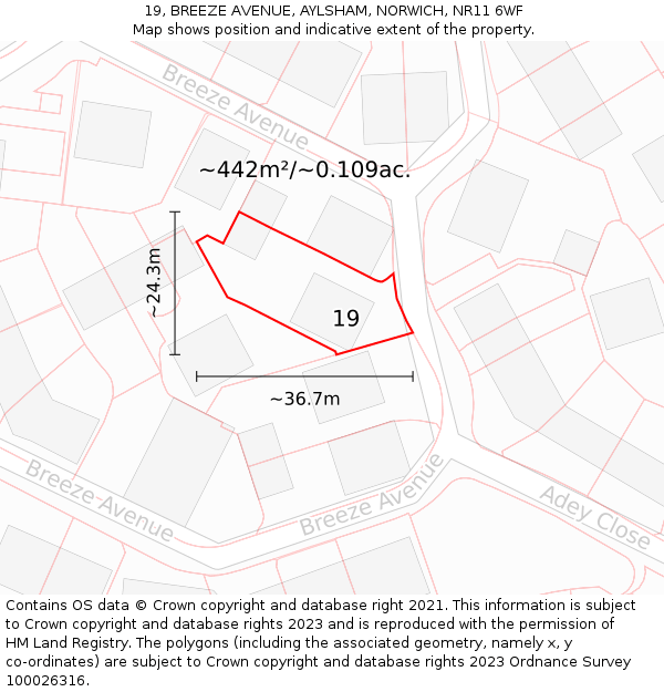 19, BREEZE AVENUE, AYLSHAM, NORWICH, NR11 6WF: Plot and title map