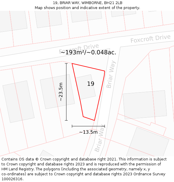 19, BRIAR WAY, WIMBORNE, BH21 2LB: Plot and title map