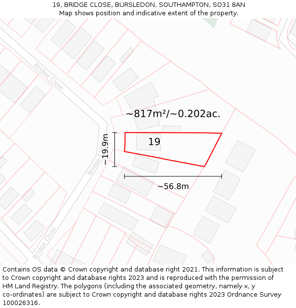 19, BRIDGE CLOSE, BURSLEDON, SOUTHAMPTON, SO31 8AN: Plot and title map