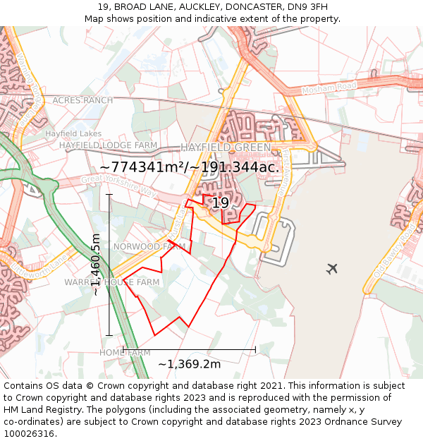 19, BROAD LANE, AUCKLEY, DONCASTER, DN9 3FH: Plot and title map