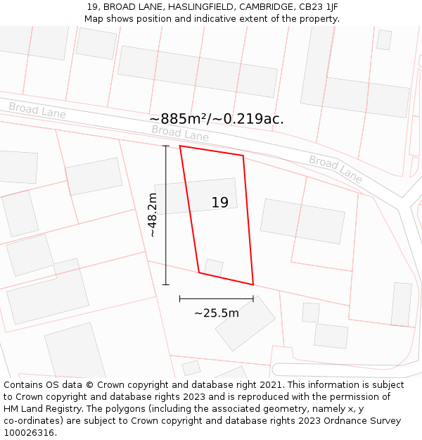 19, BROAD LANE, HASLINGFIELD, CAMBRIDGE, CB23 1JF: Plot and title map