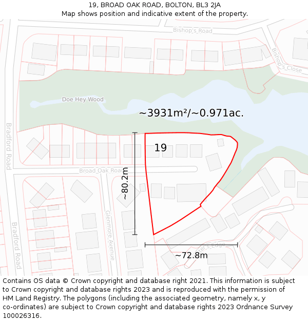 19, BROAD OAK ROAD, BOLTON, BL3 2JA: Plot and title map