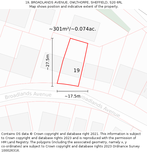 19, BROADLANDS AVENUE, OWLTHORPE, SHEFFIELD, S20 6RL: Plot and title map