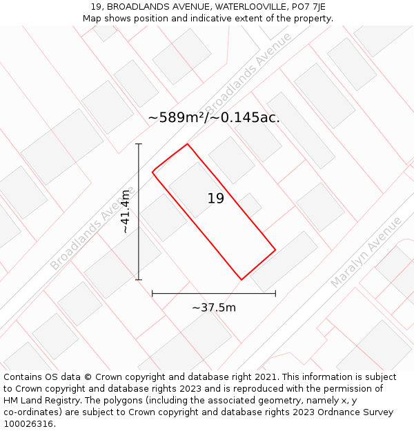 19, BROADLANDS AVENUE, WATERLOOVILLE, PO7 7JE: Plot and title map
