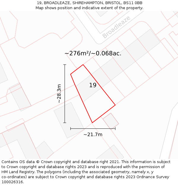 19, BROADLEAZE, SHIREHAMPTON, BRISTOL, BS11 0BB: Plot and title map