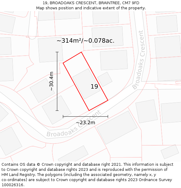 19, BROADOAKS CRESCENT, BRAINTREE, CM7 9FD: Plot and title map