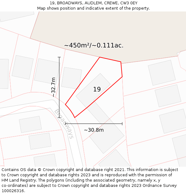 19, BROADWAYS, AUDLEM, CREWE, CW3 0EY: Plot and title map