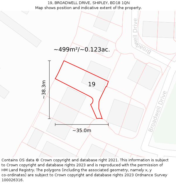 19, BROADWELL DRIVE, SHIPLEY, BD18 1QN: Plot and title map