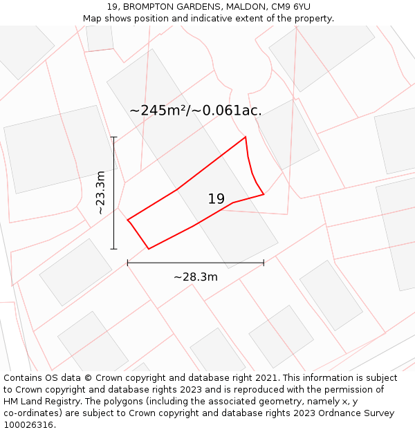 19, BROMPTON GARDENS, MALDON, CM9 6YU: Plot and title map