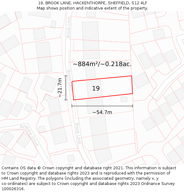 19, BROOK LANE, HACKENTHORPE, SHEFFIELD, S12 4LF: Plot and title map
