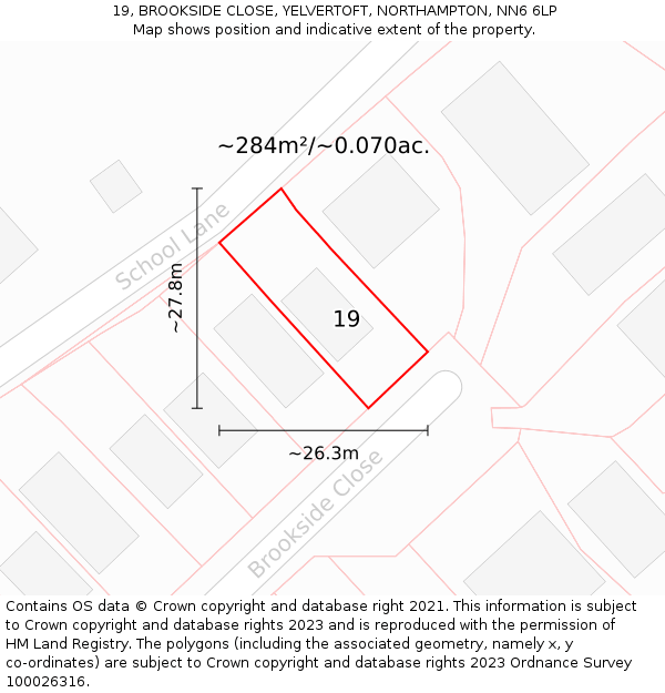 19, BROOKSIDE CLOSE, YELVERTOFT, NORTHAMPTON, NN6 6LP: Plot and title map