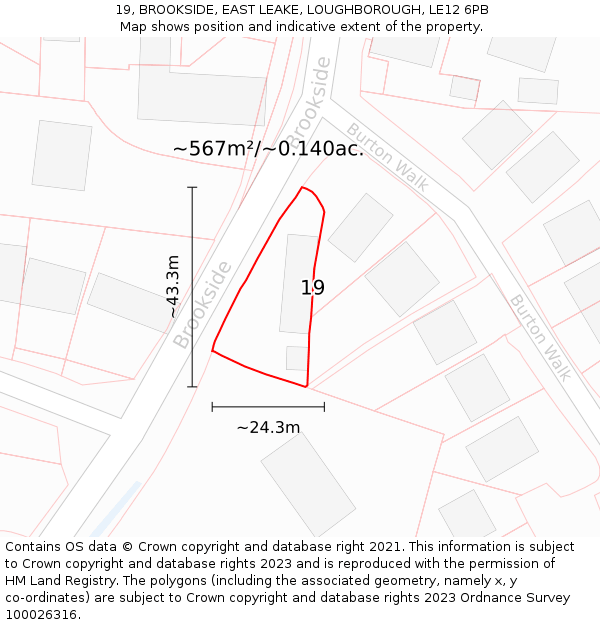19, BROOKSIDE, EAST LEAKE, LOUGHBOROUGH, LE12 6PB: Plot and title map