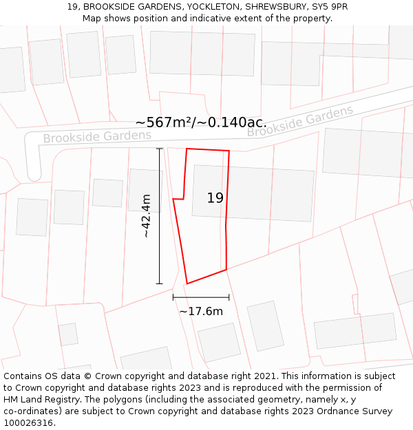 19, BROOKSIDE GARDENS, YOCKLETON, SHREWSBURY, SY5 9PR: Plot and title map