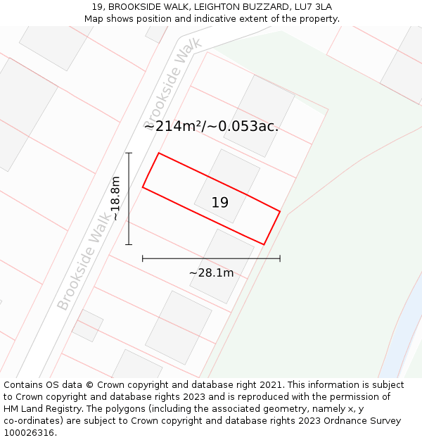 19, BROOKSIDE WALK, LEIGHTON BUZZARD, LU7 3LA: Plot and title map