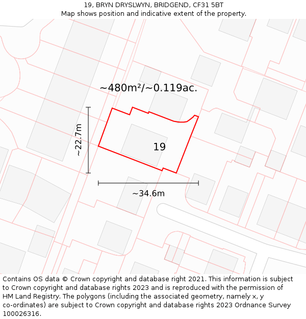 19, BRYN DRYSLWYN, BRIDGEND, CF31 5BT: Plot and title map
