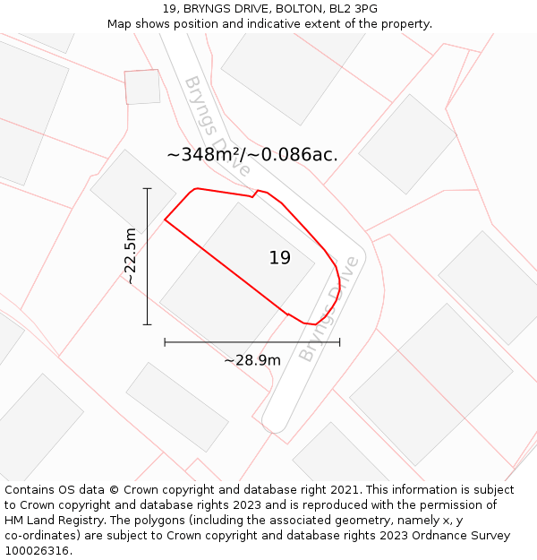 19, BRYNGS DRIVE, BOLTON, BL2 3PG: Plot and title map