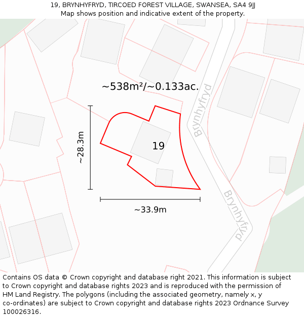 19, BRYNHYFRYD, TIRCOED FOREST VILLAGE, SWANSEA, SA4 9JJ: Plot and title map