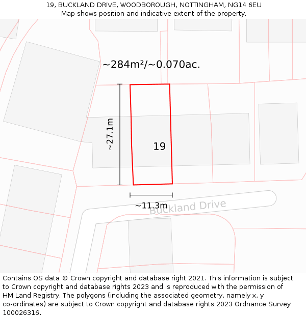19, BUCKLAND DRIVE, WOODBOROUGH, NOTTINGHAM, NG14 6EU: Plot and title map