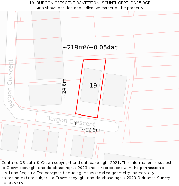 19, BURGON CRESCENT, WINTERTON, SCUNTHORPE, DN15 9GB: Plot and title map