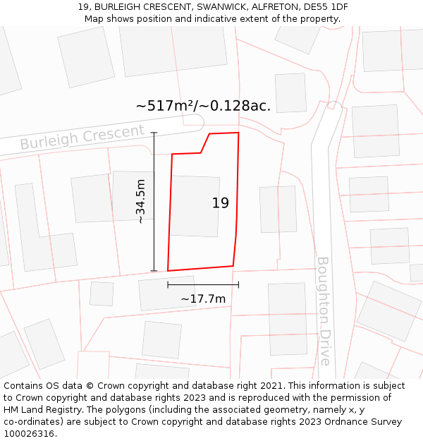 19, BURLEIGH CRESCENT, SWANWICK, ALFRETON, DE55 1DF: Plot and title map