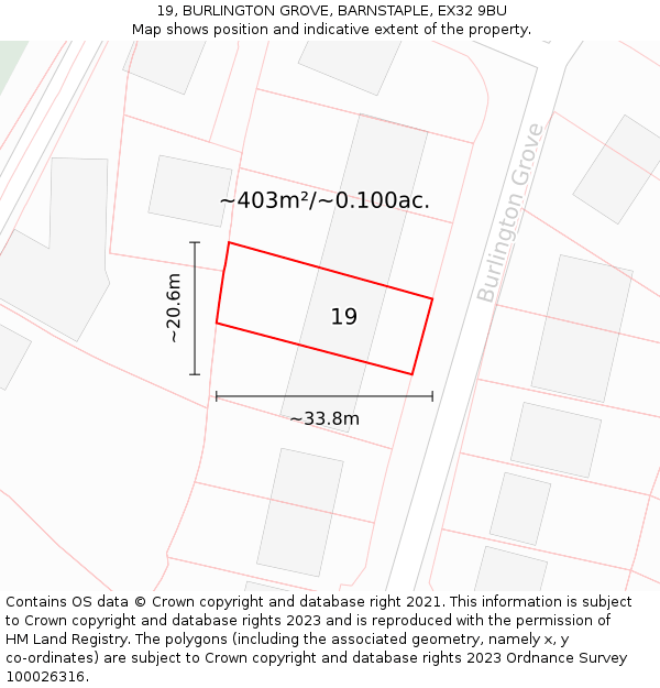 19, BURLINGTON GROVE, BARNSTAPLE, EX32 9BU: Plot and title map