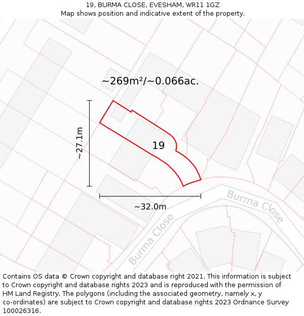 19, BURMA CLOSE, EVESHAM, WR11 1GZ: Plot and title map