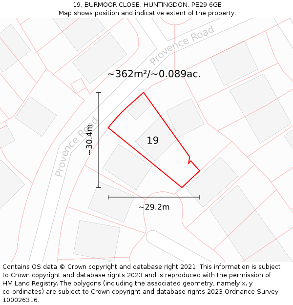 19, BURMOOR CLOSE, HUNTINGDON, PE29 6GE: Plot and title map