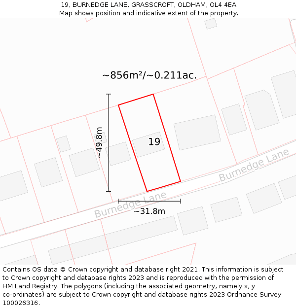 19, BURNEDGE LANE, GRASSCROFT, OLDHAM, OL4 4EA: Plot and title map