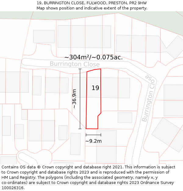 19, BURRINGTON CLOSE, FULWOOD, PRESTON, PR2 9HW: Plot and title map
