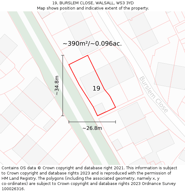 19, BURSLEM CLOSE, WALSALL, WS3 3YD: Plot and title map