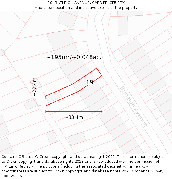 19, BUTLEIGH AVENUE, CARDIFF, CF5 1BX: Plot and title map
