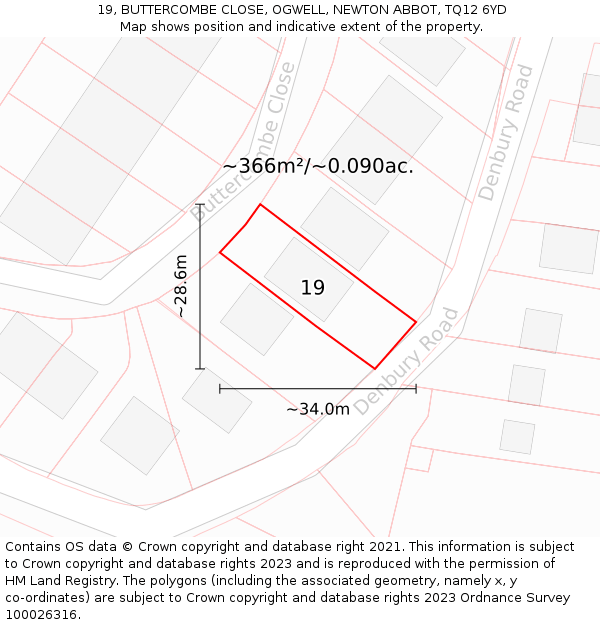 19, BUTTERCOMBE CLOSE, OGWELL, NEWTON ABBOT, TQ12 6YD: Plot and title map