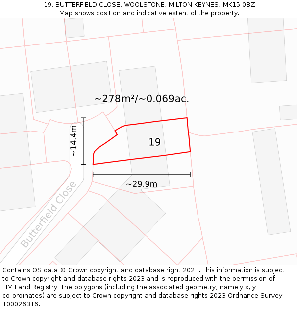 19, BUTTERFIELD CLOSE, WOOLSTONE, MILTON KEYNES, MK15 0BZ: Plot and title map