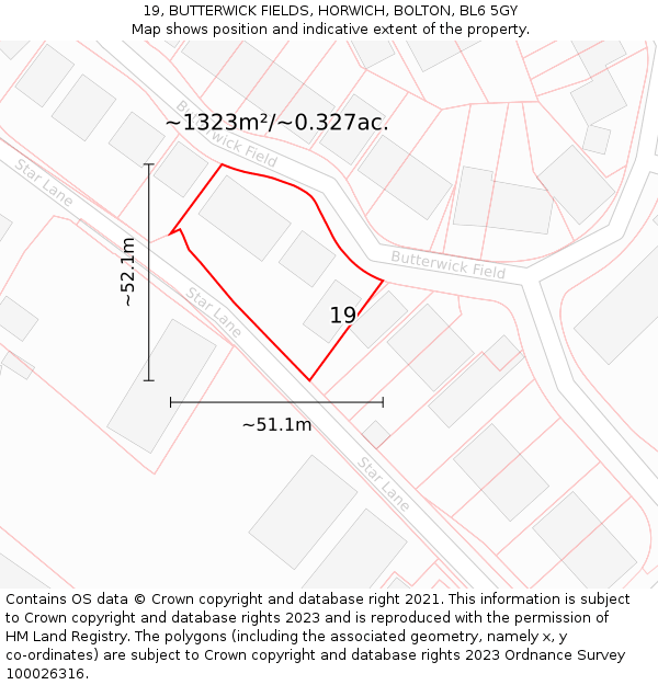 19, BUTTERWICK FIELDS, HORWICH, BOLTON, BL6 5GY: Plot and title map