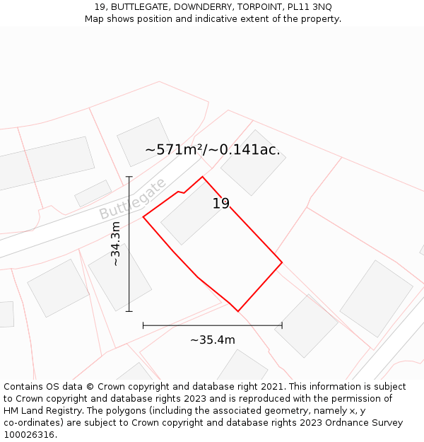 19, BUTTLEGATE, DOWNDERRY, TORPOINT, PL11 3NQ: Plot and title map