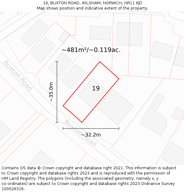 19, BUXTON ROAD, AYLSHAM, NORWICH, NR11 6JD: Plot and title map