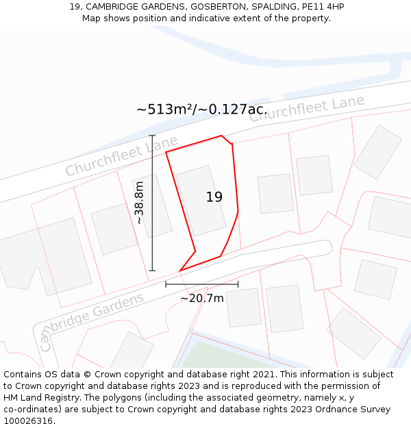 19, CAMBRIDGE GARDENS, GOSBERTON, SPALDING, PE11 4HP: Plot and title map