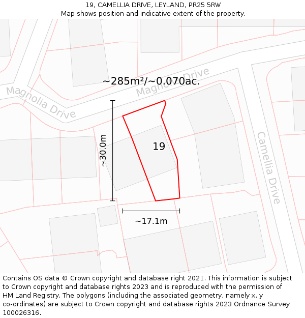 19, CAMELLIA DRIVE, LEYLAND, PR25 5RW: Plot and title map
