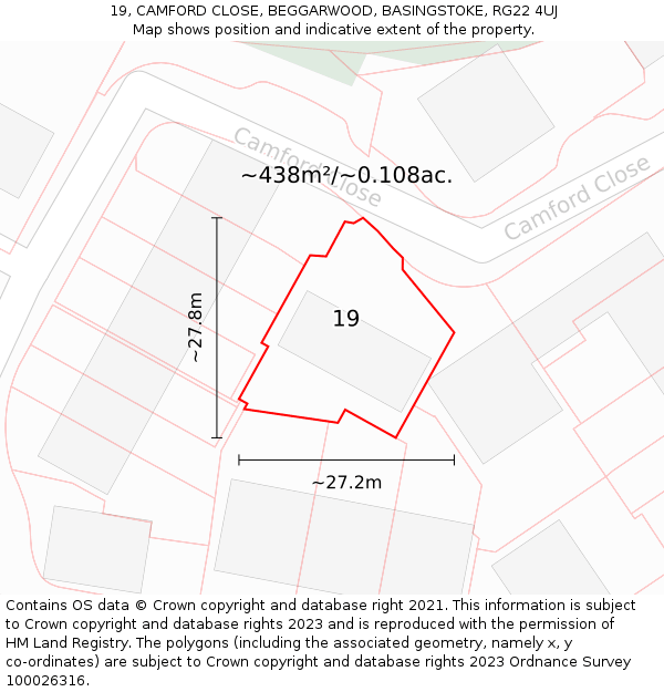 19, CAMFORD CLOSE, BEGGARWOOD, BASINGSTOKE, RG22 4UJ: Plot and title map