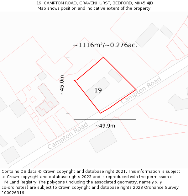 19, CAMPTON ROAD, GRAVENHURST, BEDFORD, MK45 4JB: Plot and title map