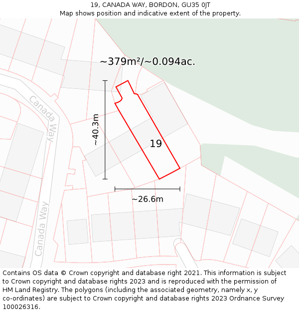 19, CANADA WAY, BORDON, GU35 0JT: Plot and title map