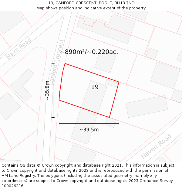 19, CANFORD CRESCENT, POOLE, BH13 7ND: Plot and title map