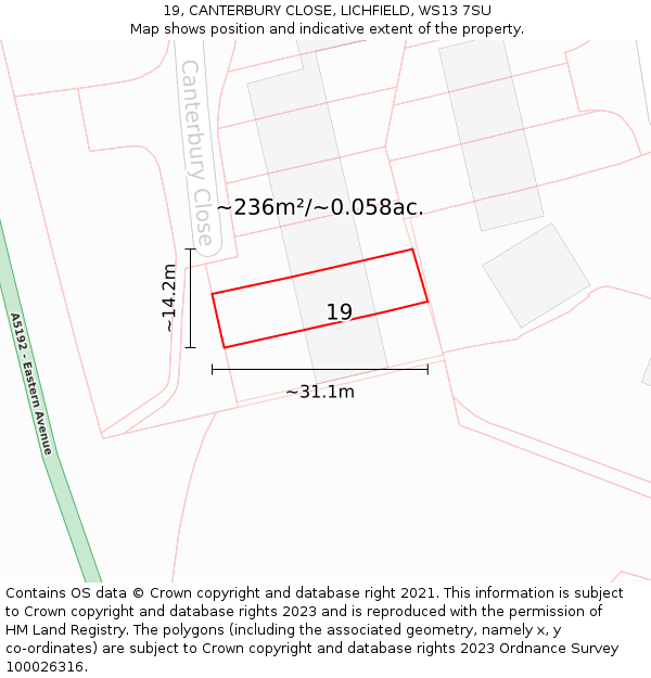 19, CANTERBURY CLOSE, LICHFIELD, WS13 7SU: Plot and title map