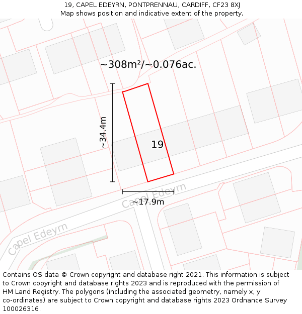 19, CAPEL EDEYRN, PONTPRENNAU, CARDIFF, CF23 8XJ: Plot and title map