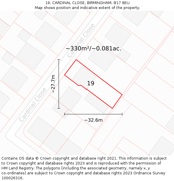 19, CARDINAL CLOSE, BIRMINGHAM, B17 8EU: Plot and title map