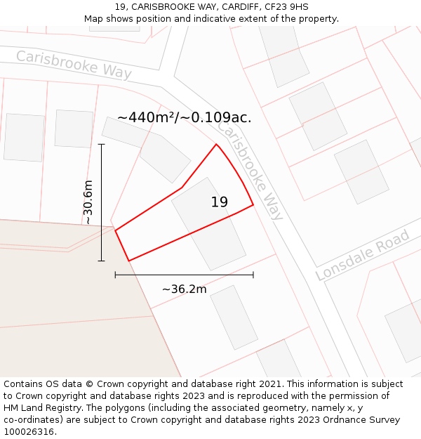 19, CARISBROOKE WAY, CARDIFF, CF23 9HS: Plot and title map