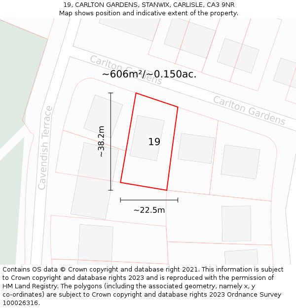 19, CARLTON GARDENS, STANWIX, CARLISLE, CA3 9NR: Plot and title map