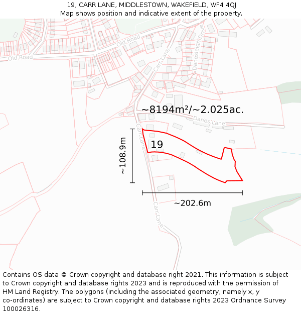 19, CARR LANE, MIDDLESTOWN, WAKEFIELD, WF4 4QJ: Plot and title map