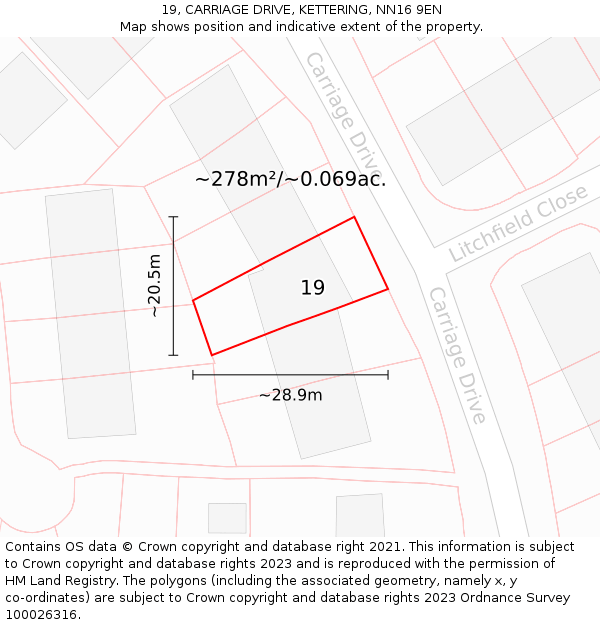 19, CARRIAGE DRIVE, KETTERING, NN16 9EN: Plot and title map